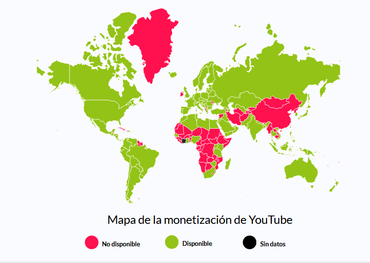 Mapa mundial que muestra la monetización de YouTube, disponible para casi toda Europa y América.