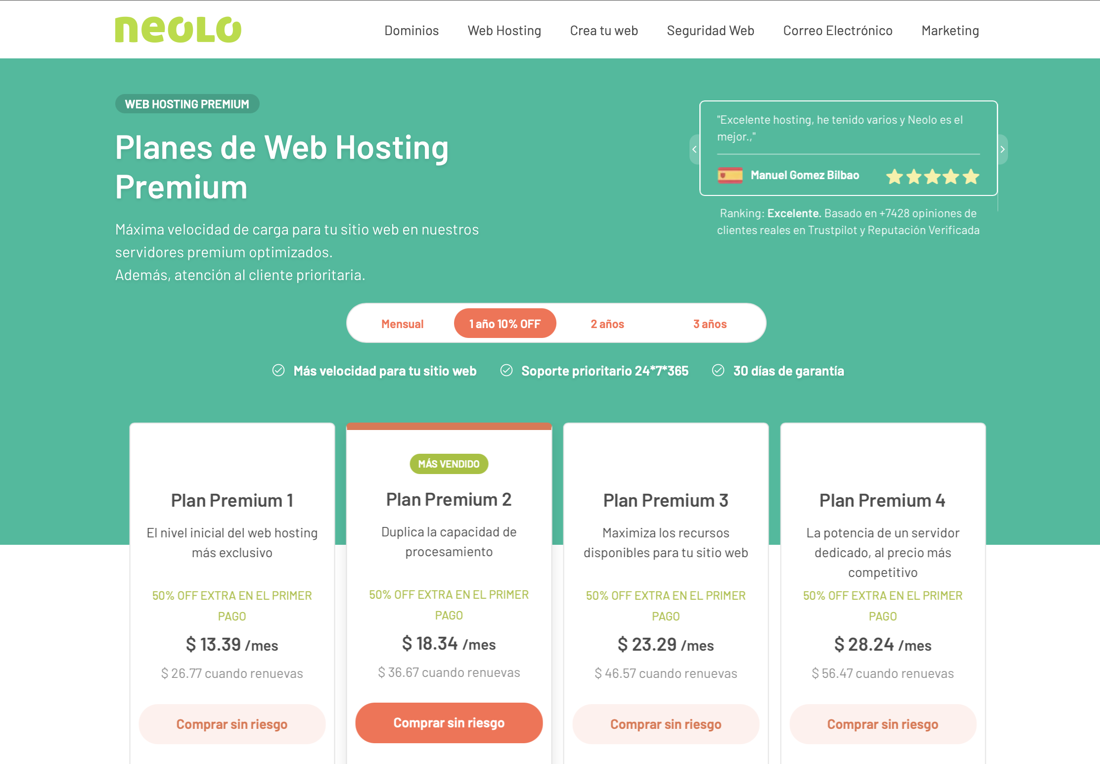 Planes de hosting premium Neolo