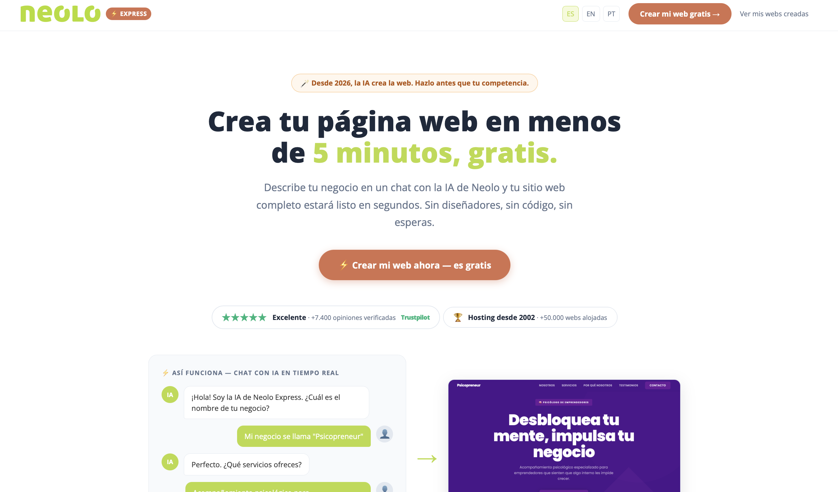 Neolo Express, el creador de páginas web con IA: chat para describir el negocio y web lista en 5 minutos, gratis
