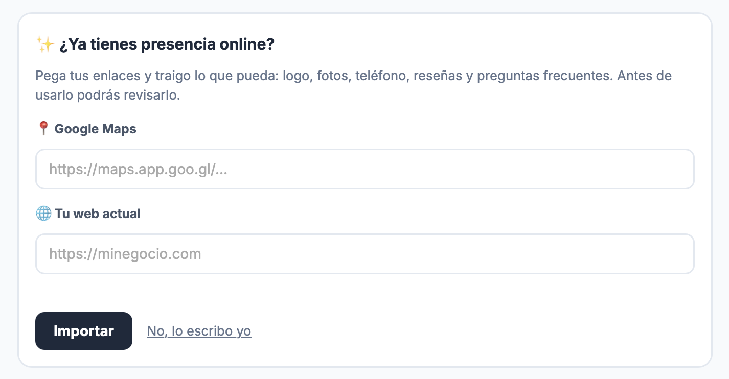 Neolo Express: formulario para pegar el enlace de Google Maps y tu web actual, con el botón Importar, para crear una página web desde Google Maps