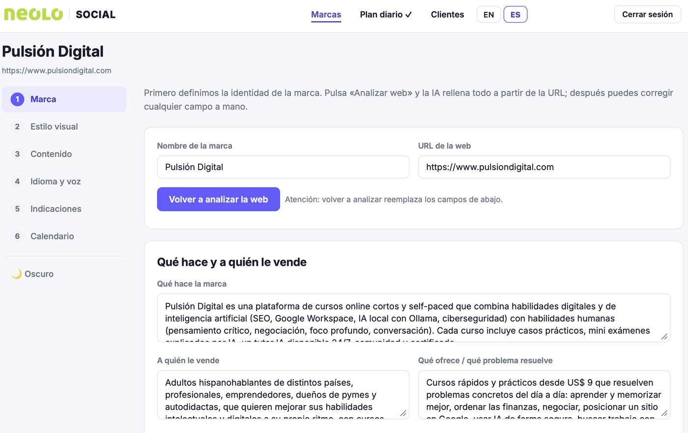 Neolo Social, paso 1: nombre de la marca y URL de la web para que la IA analice el negocio