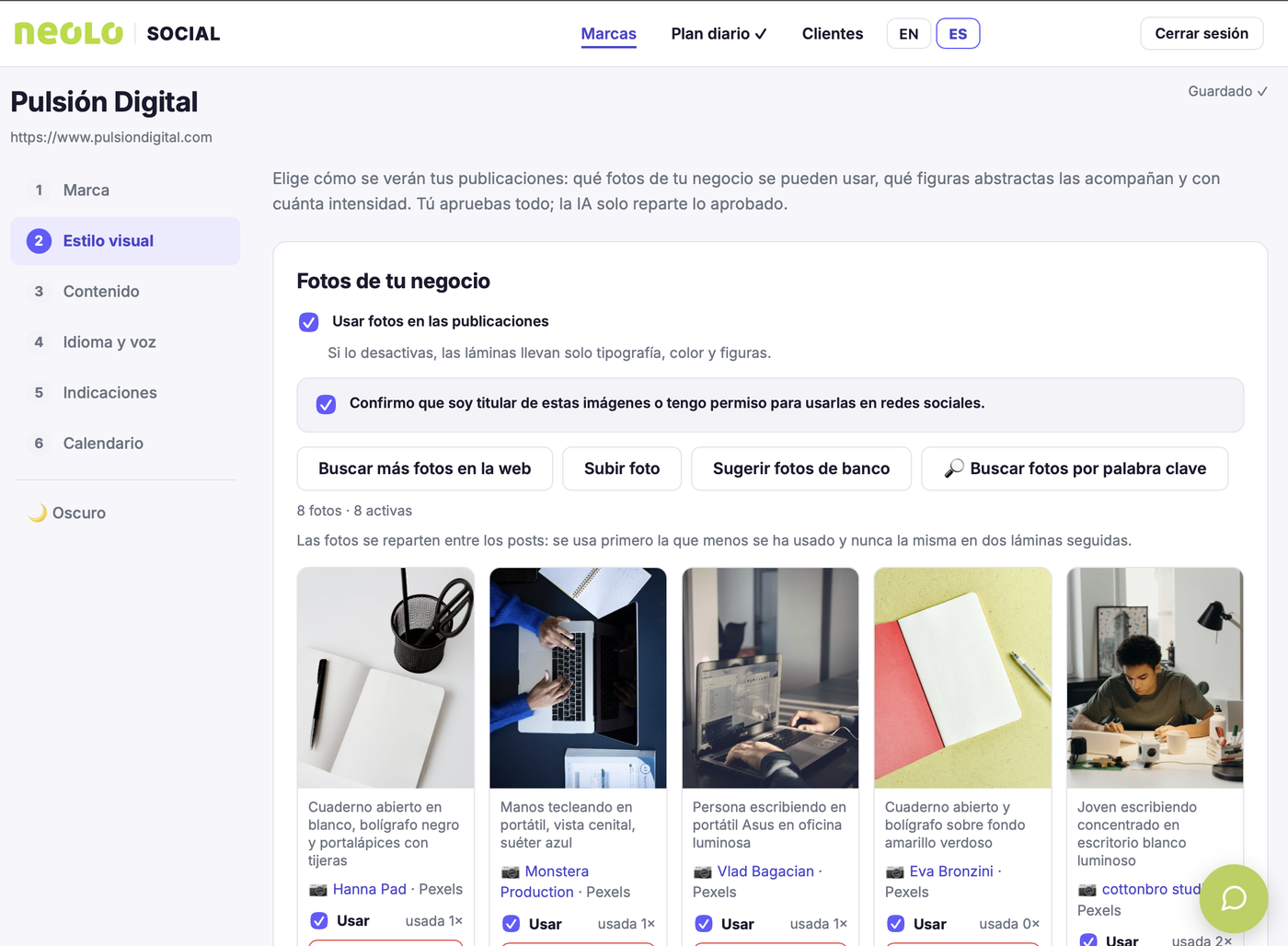 Neolo Social, paso 2: estilo visual con las fotos del negocio que se pueden usar en las publicaciones