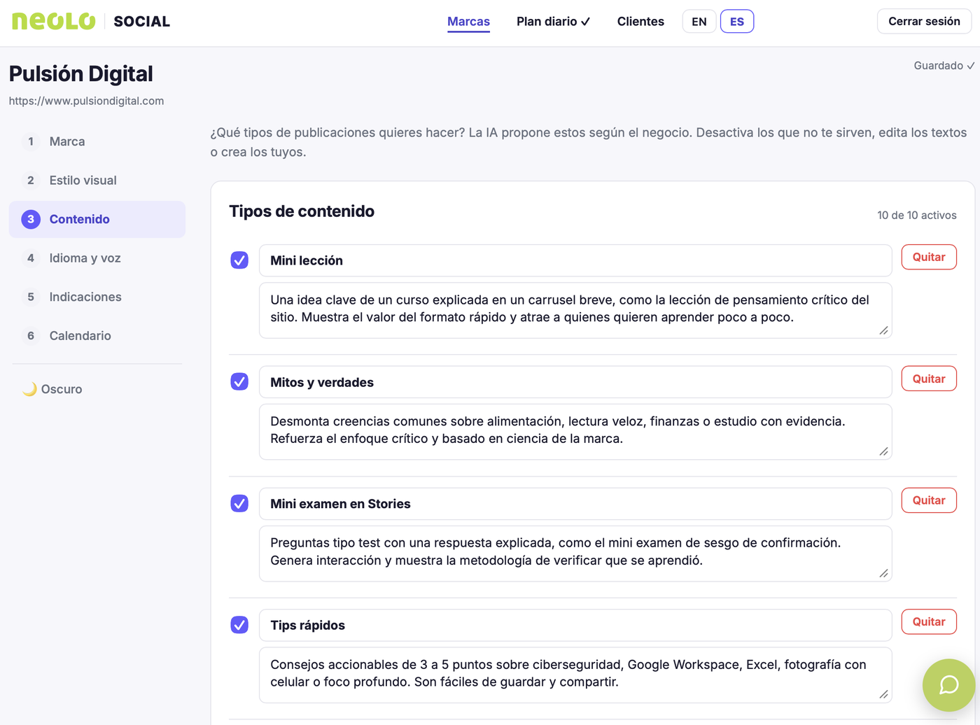 Neolo Social, paso 3: tipos de contenido para Instagram propuestos por la IA, como mini lección, mitos y verdades o tips rápidos