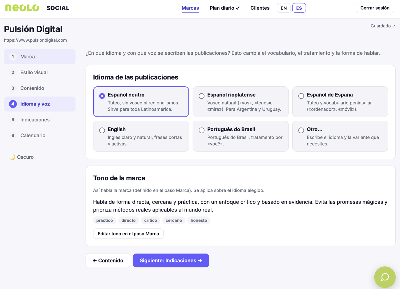 Neolo Social, paso 4: elección del idioma (español neutro, rioplatense, de España, inglés o portugués) y del tono de la marca