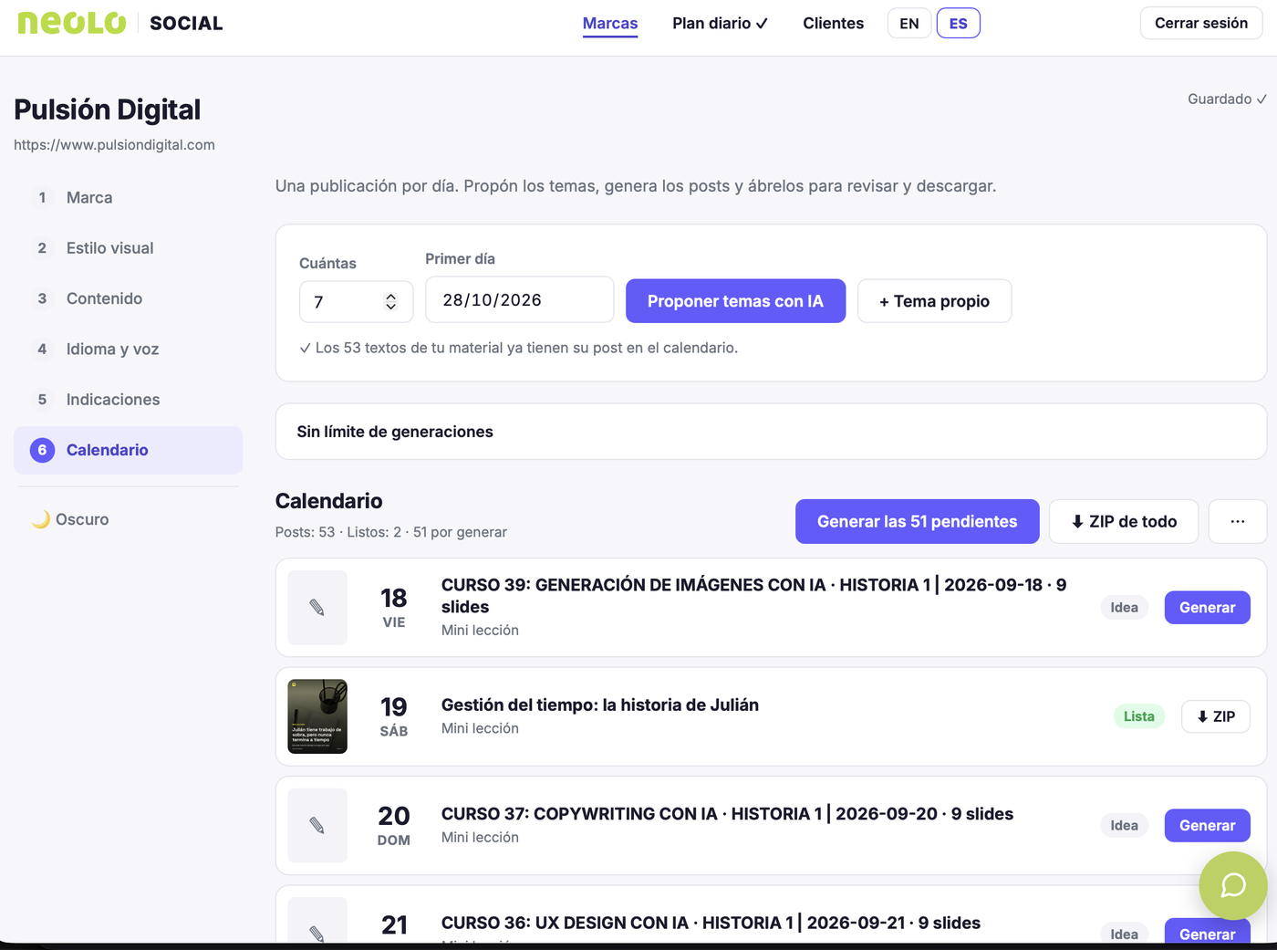Neolo Social, paso 6: calendario con una publicación por día, botón para generar las pendientes y descargar el ZIP