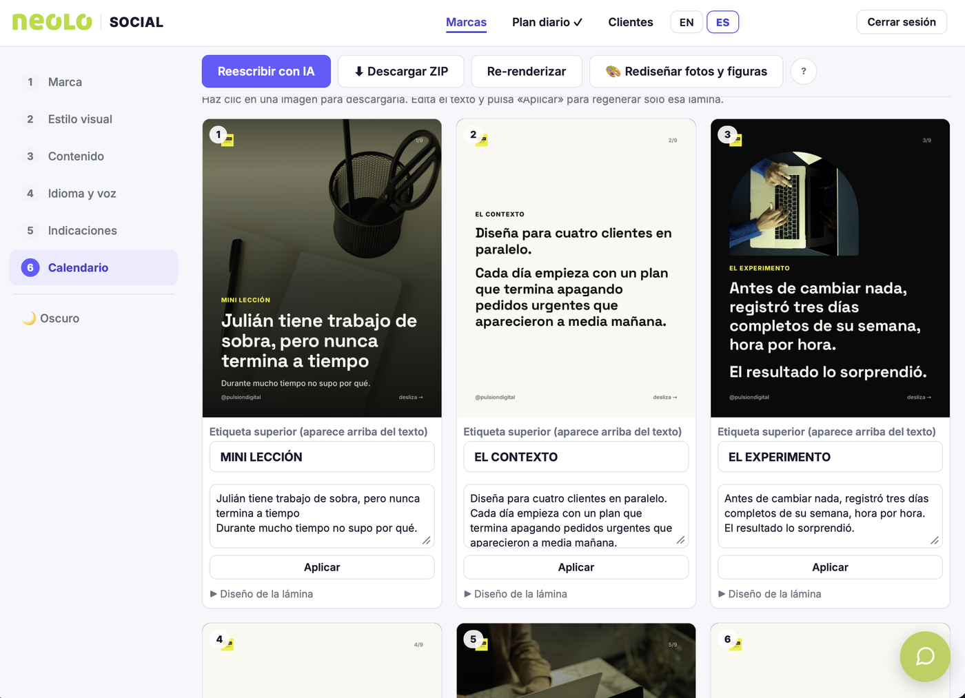 Neolo Social: láminas del carrusel generado, con texto editable en cada una y botón para descargar el ZIP