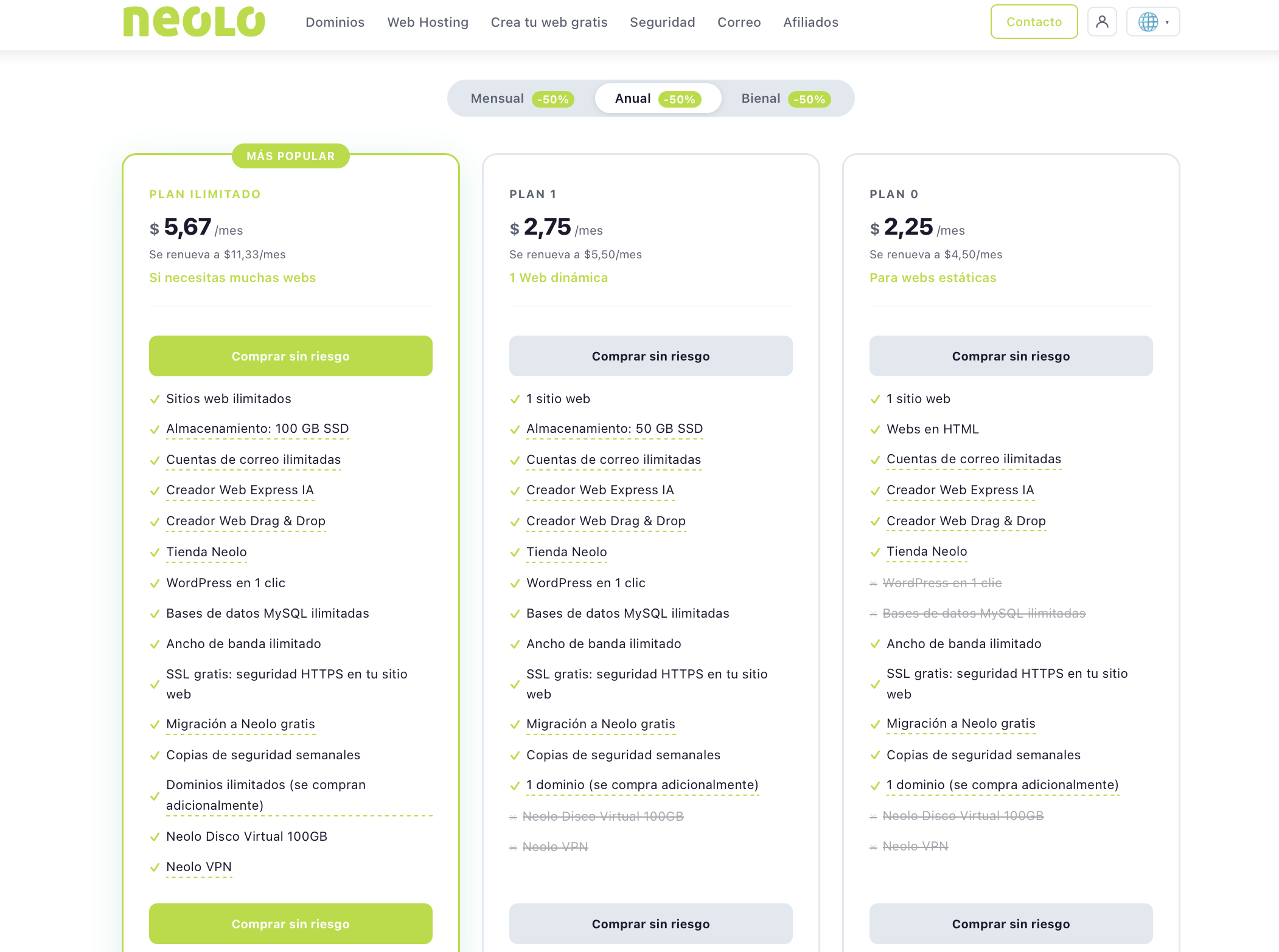 Planes de web hosting de Neolo: Plan Ilimitado, Plan 1 y Plan 0 con Creador Web Express IA y correos ilimitados