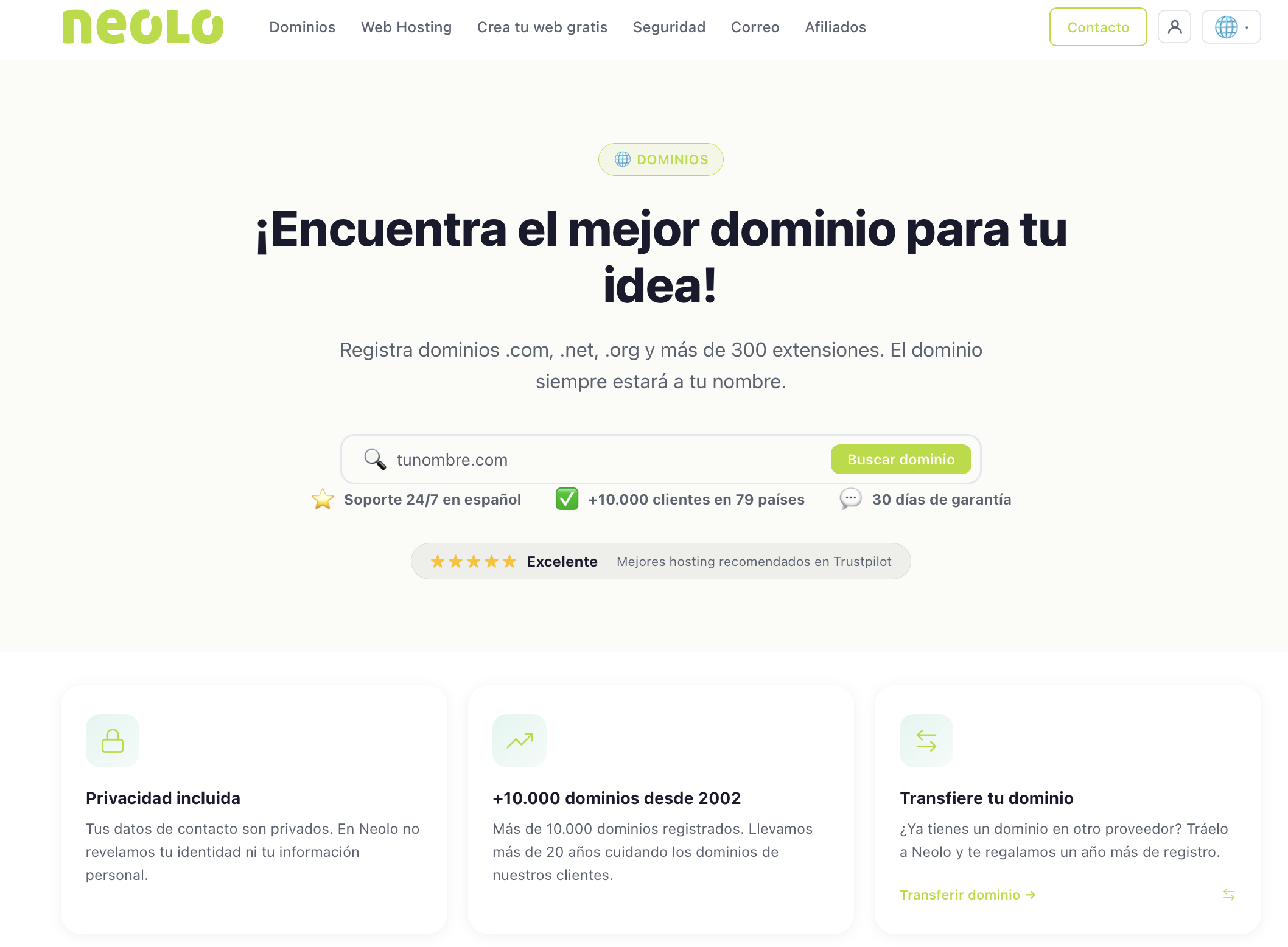 Buscador para registrar un dominio .com, .net, .org y más de 300 extensiones en Neolo